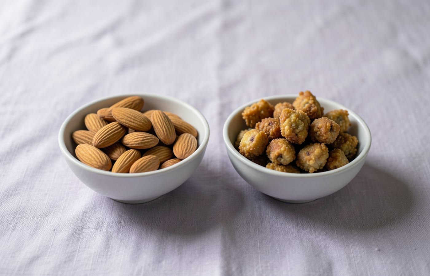 Two small bowls side by side on pale linen, one of almonds and one of fried savoury snacks