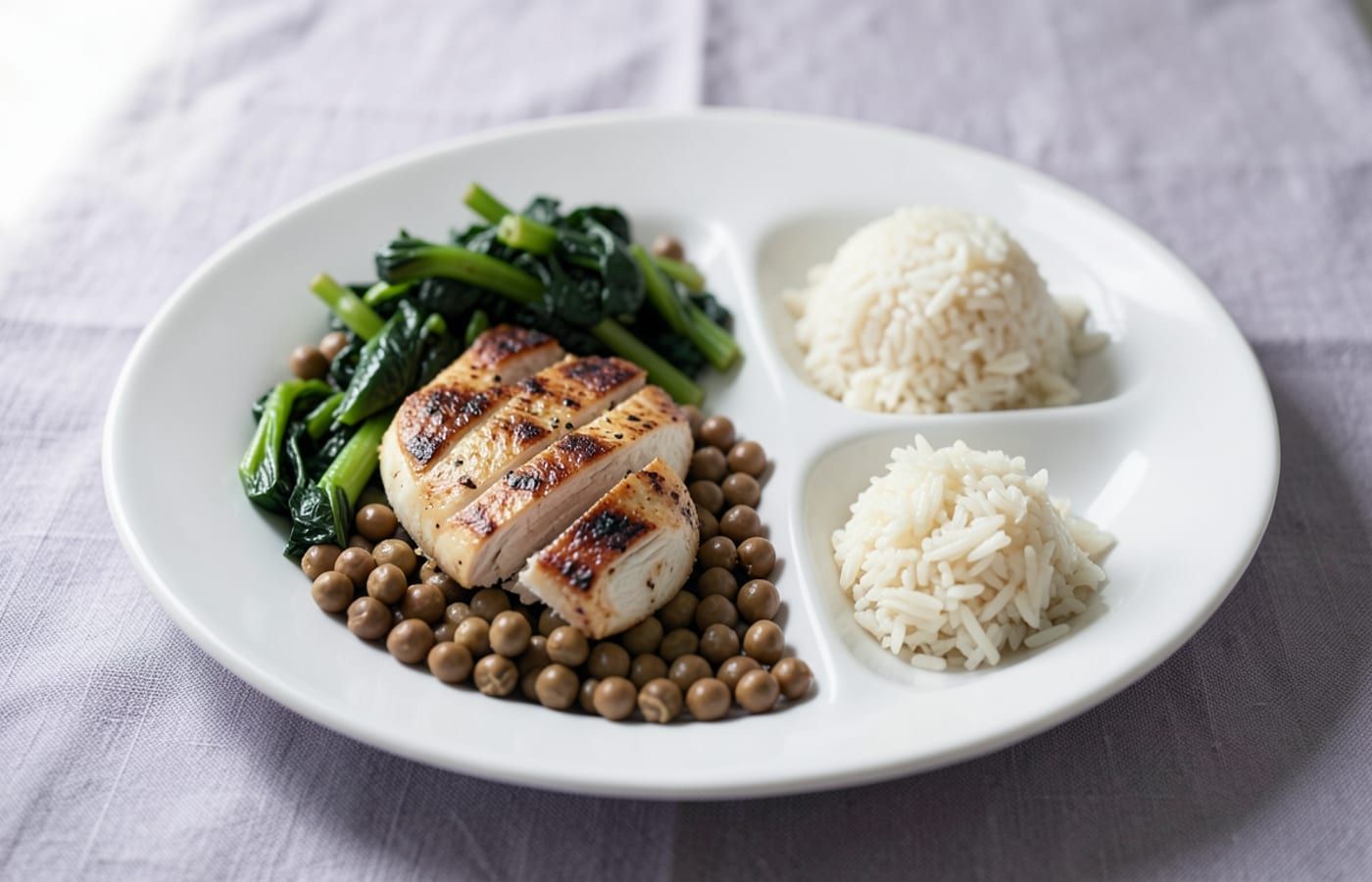A balanced plate of grilled chicken, brown chickpeas, sauteed greens and a small portion of rice