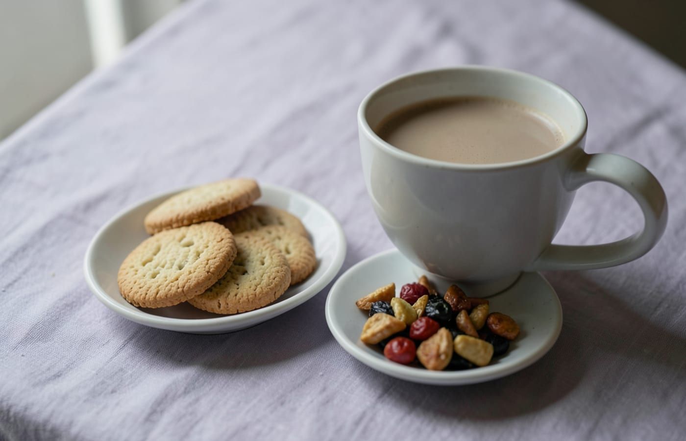 A cup of milky chai beside a small plate of biscuits and namkeen