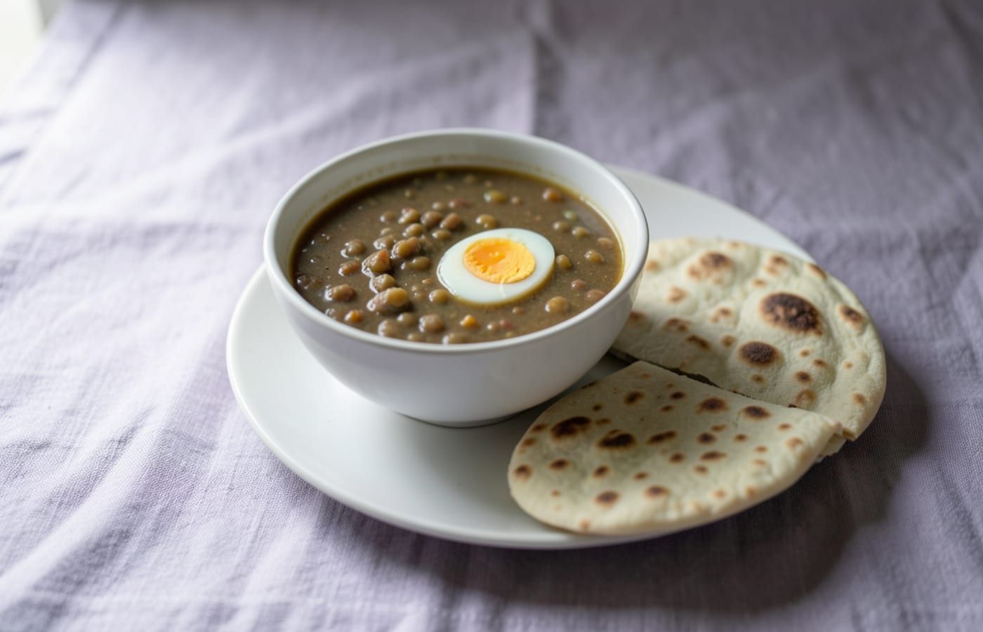 A simple nourishing meal — a bowl of lentil soup, a boiled egg and two chapatis on a plate