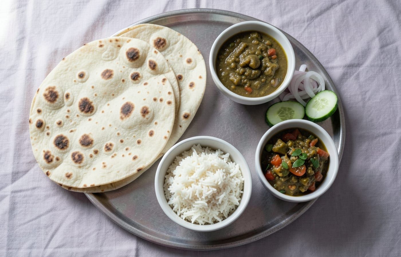 A complete desi thali seen from above — roti, daal, sabzi, rice, sliced onion and cucumber