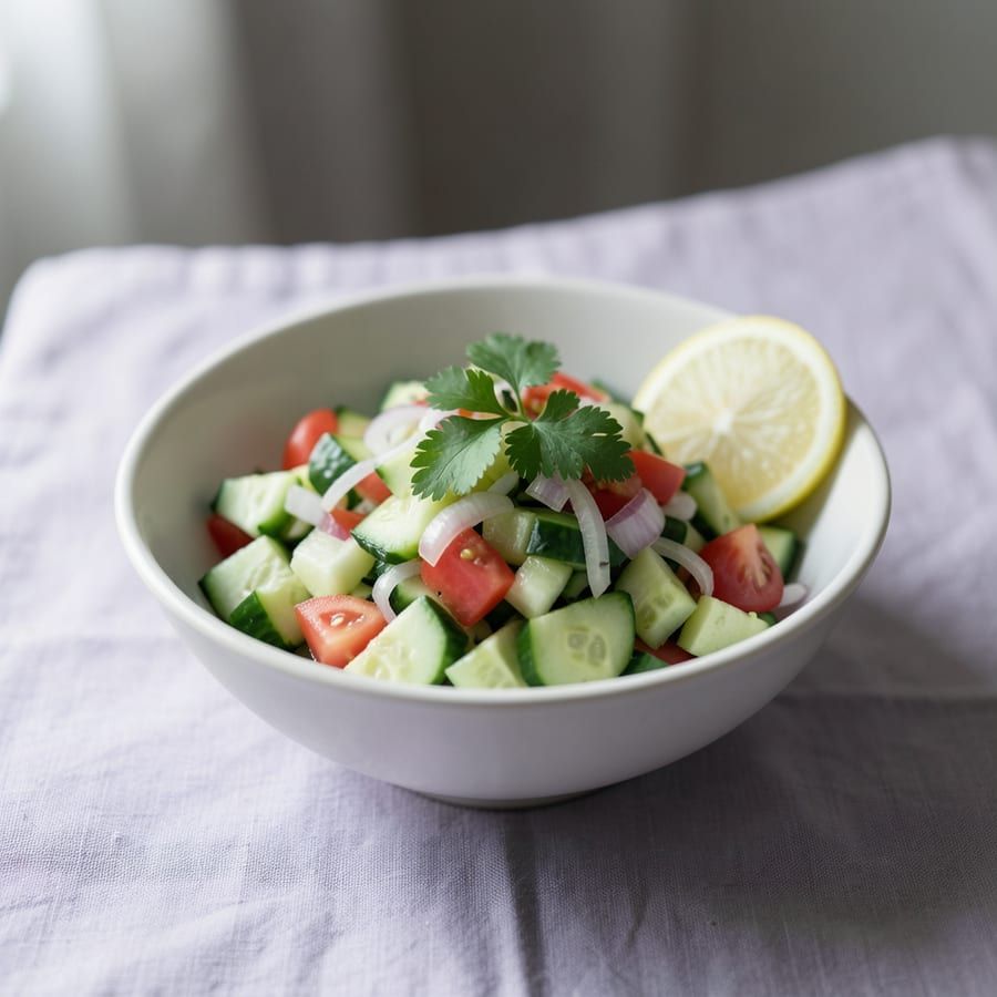 A bowl of kachumber salad with diced cucumber, tomato and onion, coriander and a lemon wedge