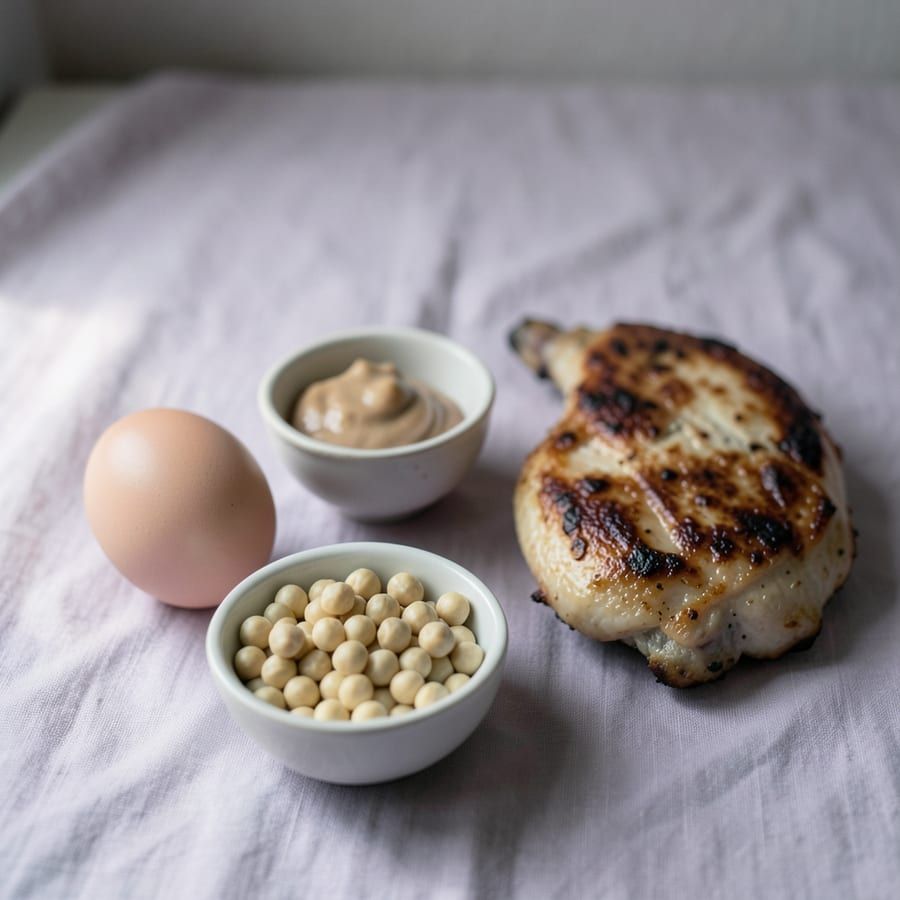 Protein sources arranged together — two eggs, a bowl of white chickpeas, and grilled chicken