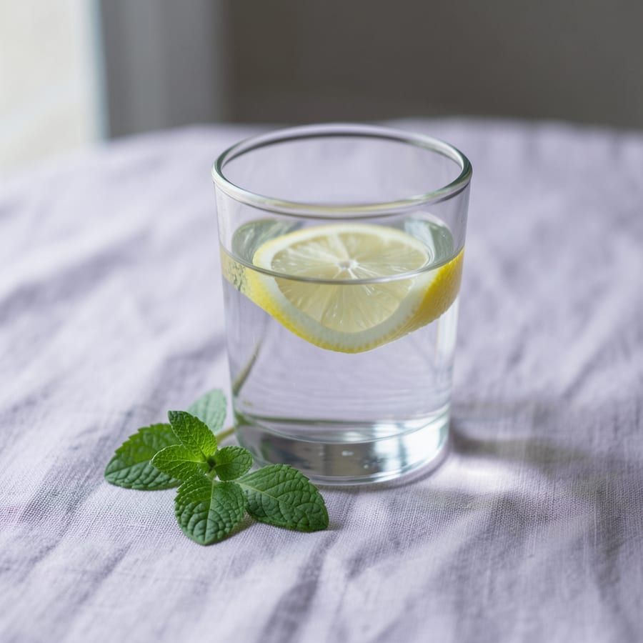 A clear glass of water with a slice of lemon and a few mint leaves beside it